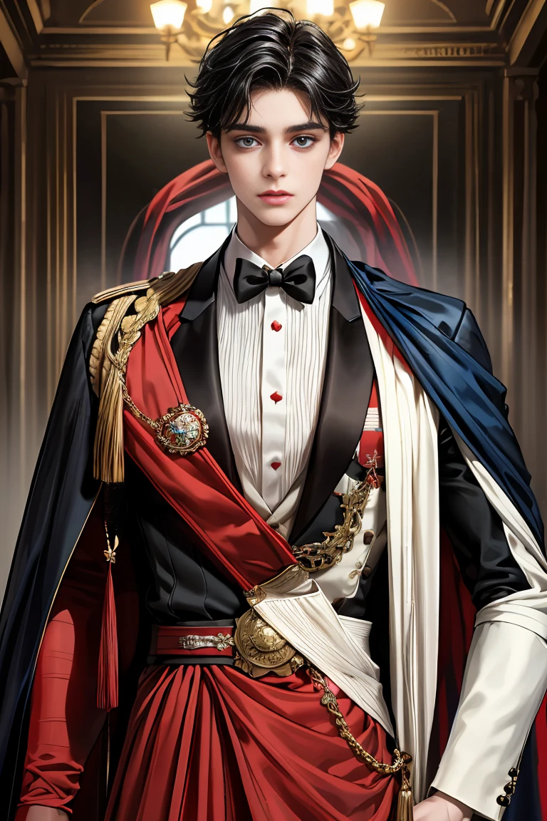 masterpiece, 最high quality, high quality, 1 boy, alone, Male focus, Watching the audience, Messy black hair, Adorable big blue eyes, White people, Noble, Noble,Sexy voluminous black and red cape、Tuxedo、A very voluminous, large, very large, very large, long, long red and black cape with a high stand-up collar, reaching down to the floor, made of a lot of fabric., ,Cute beautiful boys,Cute, cute, kind, handsome guy