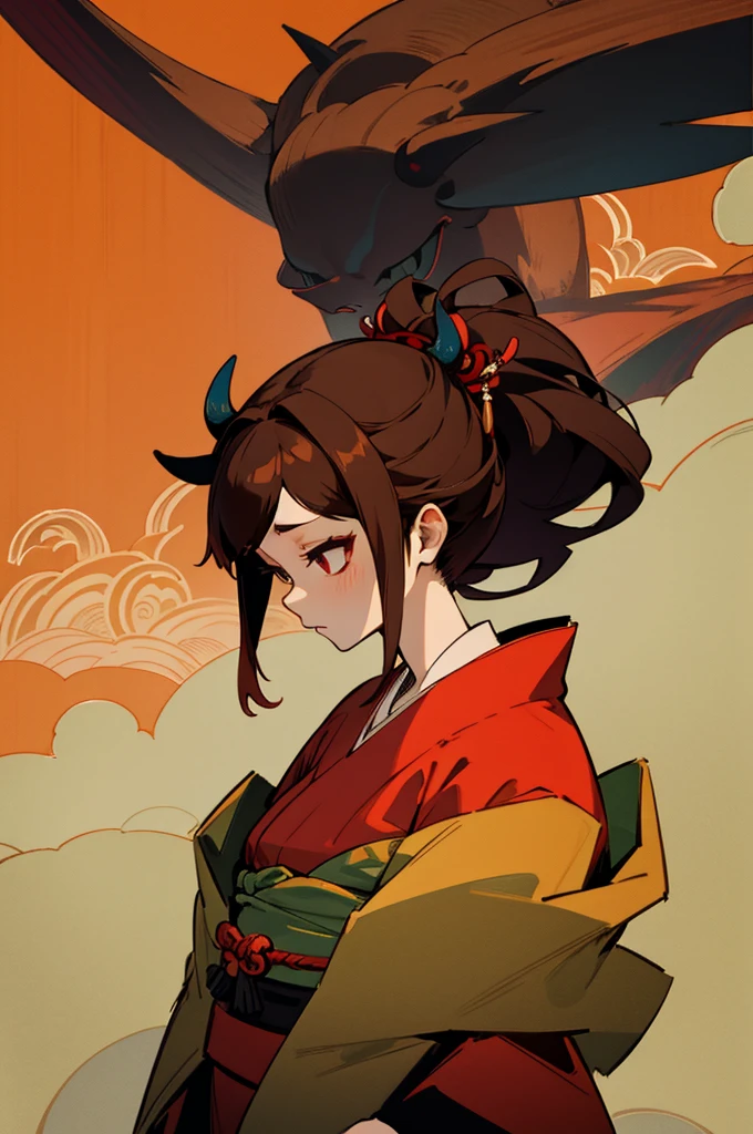 Kimono, Female, Edo Period, Japanese Background, Demon, demon skin color, Brown Hair