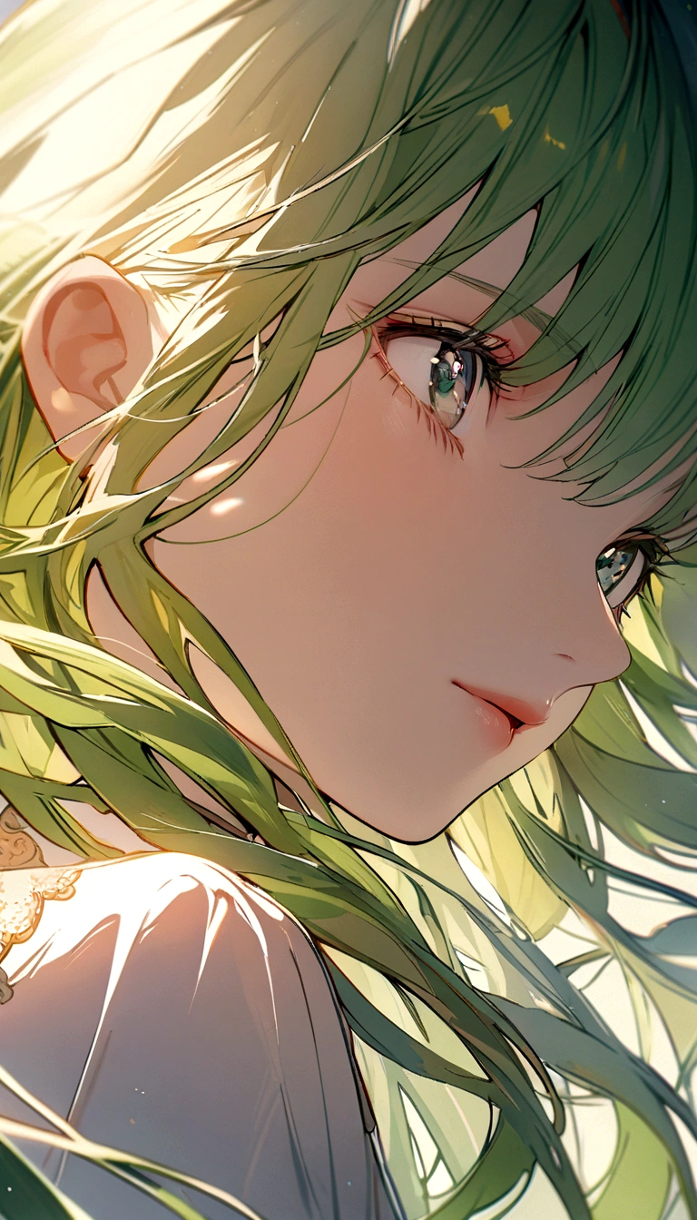 best quality, highres), green-haired girl with long hair, close-up of her face, wearing a white skirt, details of her eyes and face, bright colors, soft lighting, digital illustration, ethereal atmosphere