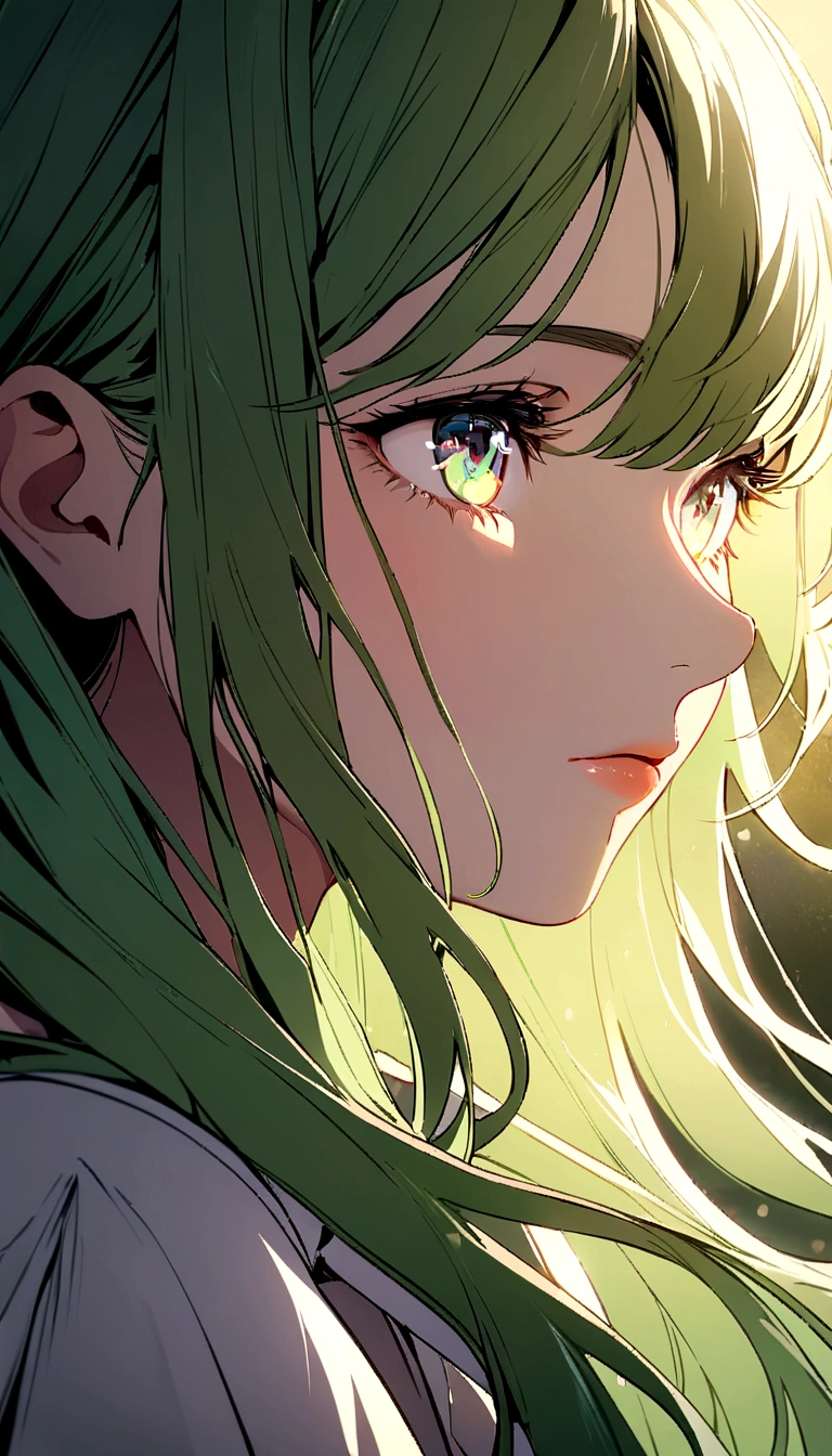 best quality, highres), green-haired girl with long hair, close-up of her face, wearing a white skirt, details of her eyes and face, bright colors, soft lighting, digital illustration, ethereal atmosphere