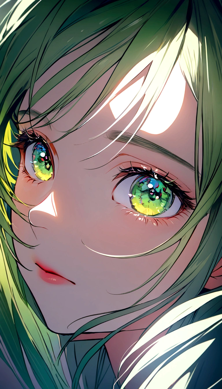 best quality, highres), green-haired girl with long hair, close-up of her face, wearing a white skirt, details of her eyes and face, bright colors, soft lighting, digital illustration, ethereal atmosphere