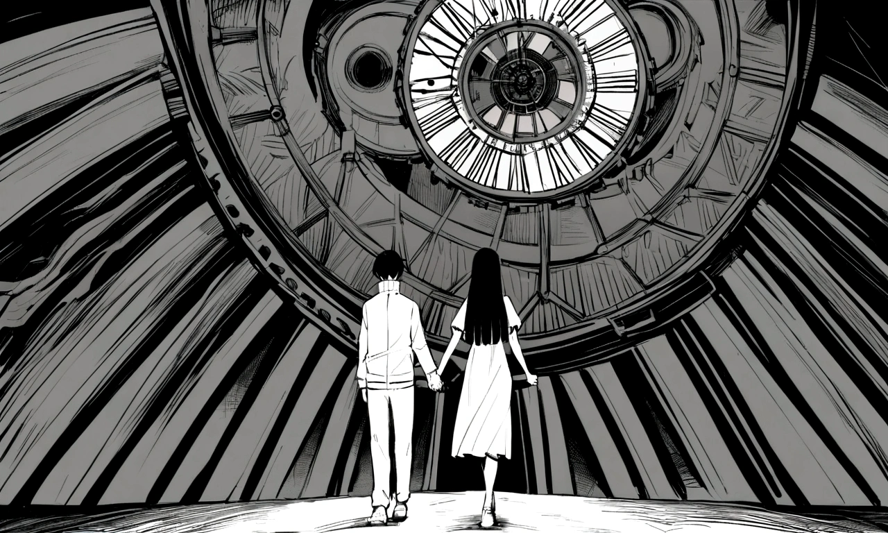 black and white drawing, giant clockwork background, 26-year-old male on the left 1, black neat hair, a lonely face, wearing gray tracksuit, Beautiful woman on the right 1, long straight hair, wearing a white dress, Walk affectionately, hold hands and walk together.