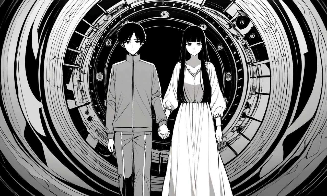 black and white drawing, giant clockwork background, 26-year-old male on the left 1, black neat hair, a lonely face, wearing gray tracksuit, Beautiful woman on the right 1, long straight hair, wearing a white dress, Walk affectionately, hold hands and walk together.