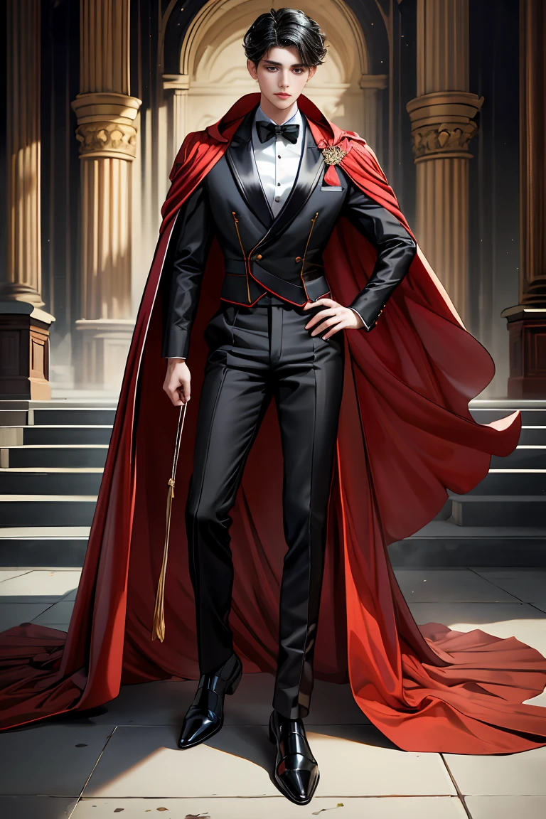 
masterpiece, 最high quality, high quality, 1 boy, alone, Male focus, Watching the audience,  Messy black hair, Adorable big blue eyes, White people, Noble, Noble,Sexy voluminous black and red cape、Tuxedo、A very voluminous, large, very large, very large, long, long red and black cape with a high stand-up collar, reaching down to the floor, made of a lot of fabric., 17 years old,Cute beautiful boys,Cute, cute, kind, handsome guy