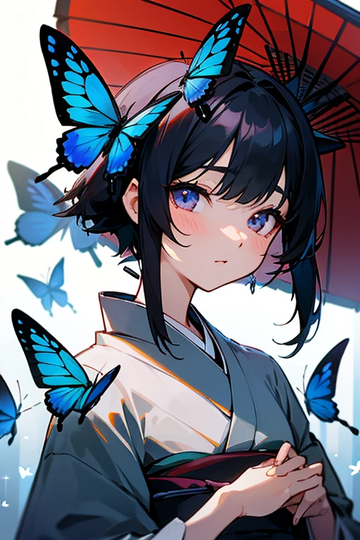 Black Hair、Up to the shoulders、short、kimono、beauty、Japanese、Dignified、my、紫の紺のkimono、Blue Butterfly、sharp、Beautify your eyes、