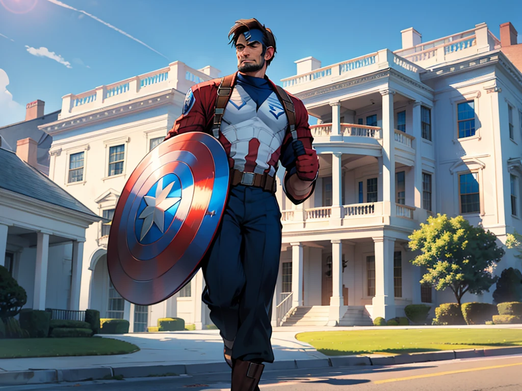 Abraham Lincoln dressed as Captain America, the white house in the background on a sunny day