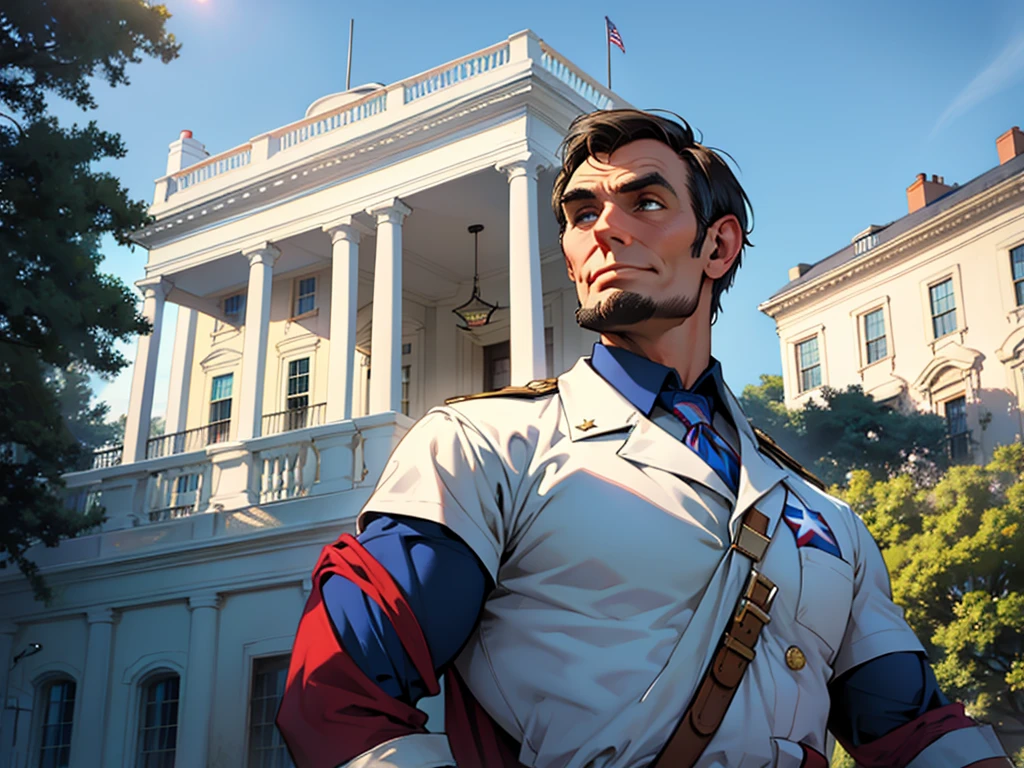 Abraham Lincoln dressed as Captain America, the white house in the background on a sunny day