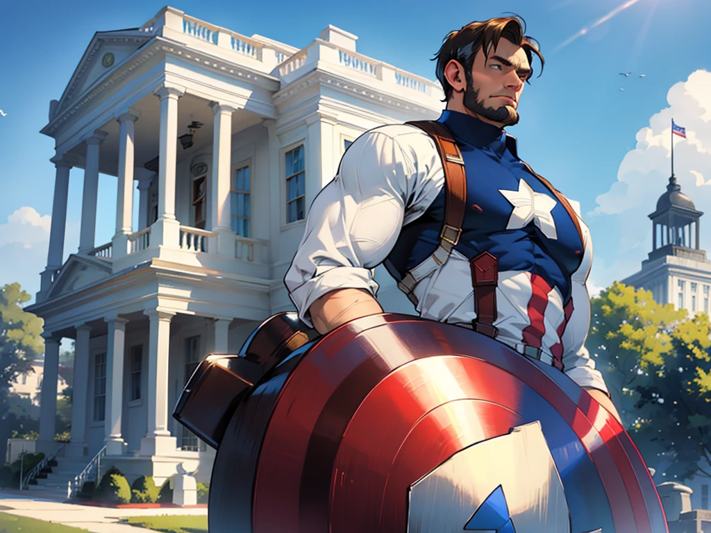 Abraham Lincoln dressed as Captain America, the white house in the background on a sunny day