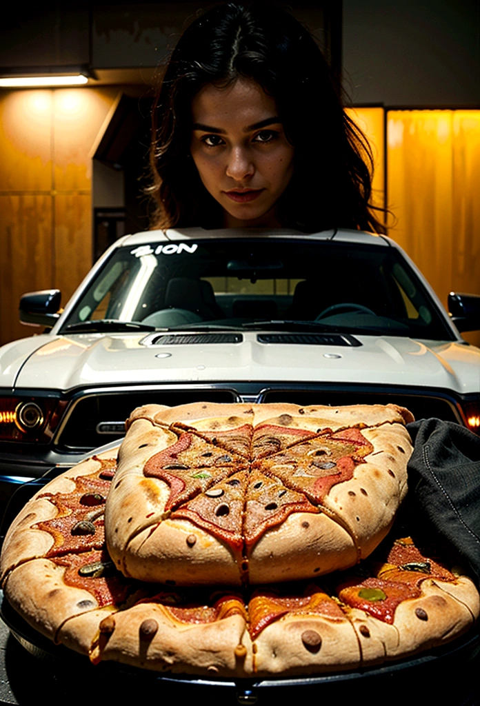 alien logo eating pizza on the hood of a black Ford Mustang with a rock jacket 