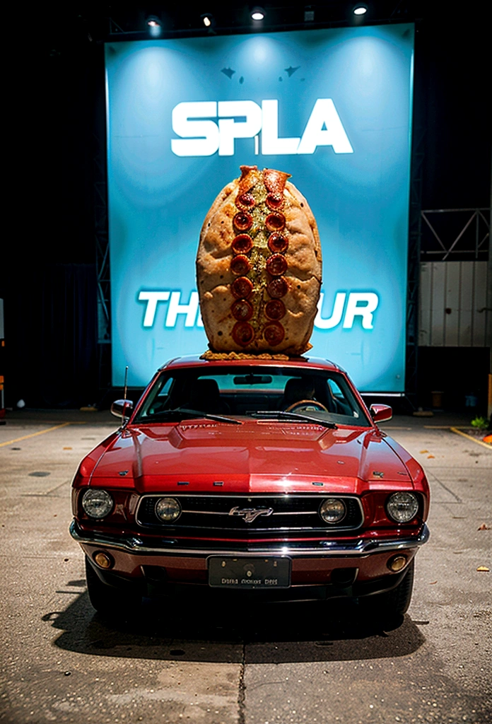 alien logo eating pizza on the hood of a black Ford Mustang with a rock jacket