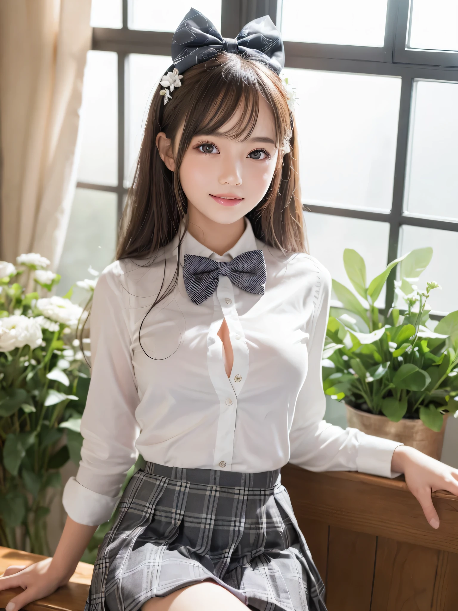 (1girl), (round eyes:1.2), (highly detailed face and eyes), refreshing smile, Amazing face and eyes, (school uniform, skirt, bow tie:1.3), cleavage, (Best Quality:1.4), (Ultra-detailed), (extremely detailed CG unified 8k wallpaper), Highly detailed, High-definition raw color photos, Professional Photography, Realistic portrait, indoors, (casual room, cute wallpapers:1.3), (A moment of relaxation), model, (studio photo shoots, cute backgrounds), flower decorations, depth of fields, (fine face:1.2), summer,