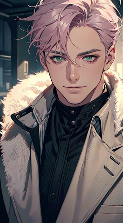 a mature man with short grey pink hair, green eyes, 31 years, and a perfect face, smiling in love, CEO, cinematic lighting, 1:4 HDR image, top view, ultra detailed, best quality, masterpiece, 8K, photorealistic, beautiful image