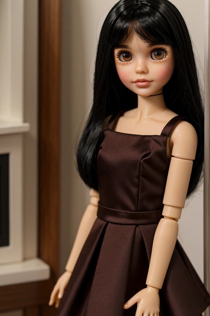 Blythe doll with straight black hair, also dark brown eyes and tanned skin and wearing a wine-colored sleeveless dress.