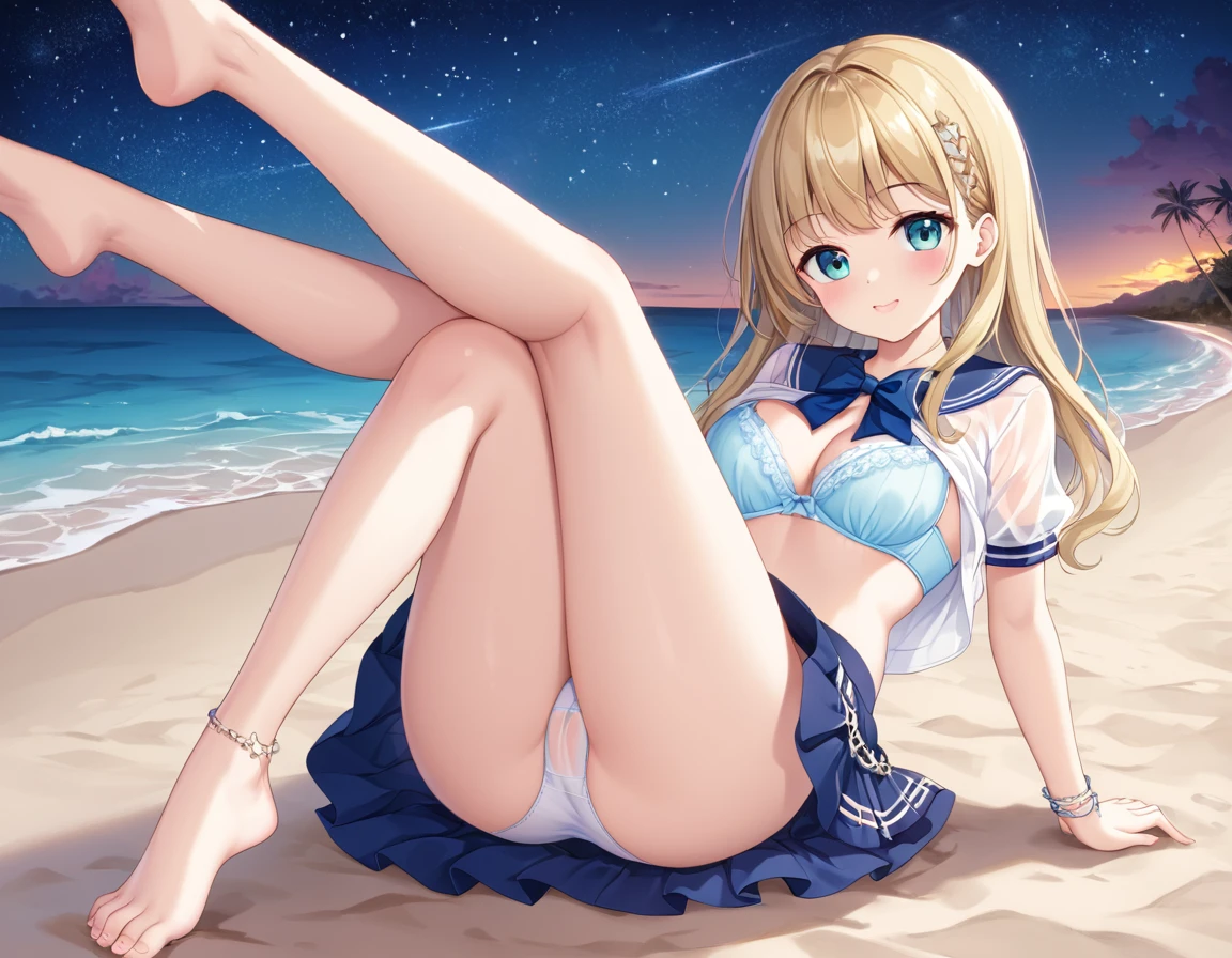 A cute white shirt that makes her look beautiful 、A cute, see-through blue bra、Light blue frilled flared skirt、She holds up her skirt with both hands、Showing off her cute white underwear、The white underwear you can see when you lift up your skirt is cute、Sandy Beach, Beautiful sea, Night and starry sky