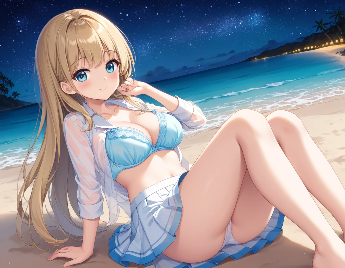 A cute white shirt that makes her look beautiful 、A cute, see-through blue bra、Light blue frilled flared skirt、She holds up her skirt with both hands、Showing off her cute white underwear、The white underwear you can see when you lift up your skirt is cute、Sandy Beach, Beautiful sea, Night and starry sky