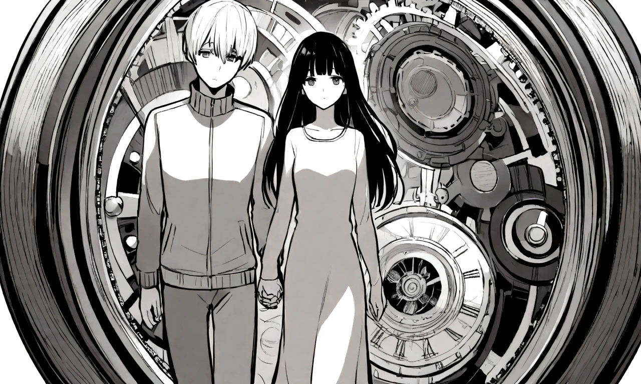 black and white drawing, giant clockwork background, 26-year-old male on the left 1, black neat hair, a lonely face, wearing gray tracksuit, Beautiful woman on the right 1, long straight hair, wearing a white dress, Walk affectionately, hold hands and walk together.