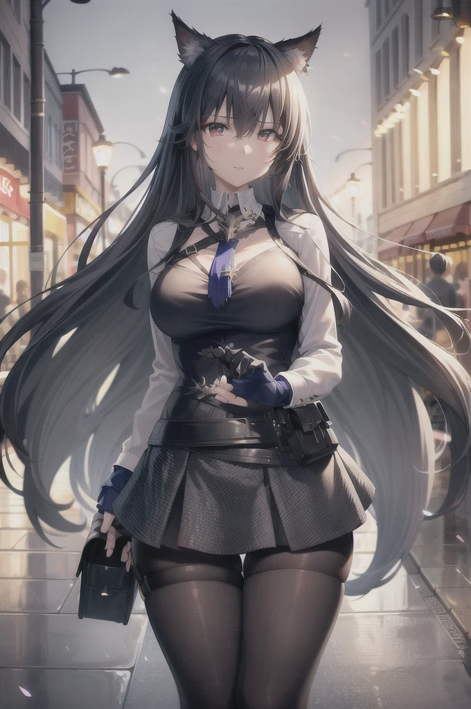 (8k, RAW photo, best quality, masterpiece:1.4), ultra high res, (realistic, photo-realistic:1.48),omertosa,1girl,(Kpop idol), (aegyo sal:1),cute, (super bokeh night city center:1.25), bokeh, night, traffic lights, road sign, rain, after rain, wet, professional lighting, detailed lighting, photon mapping, radiosity, physically-based rendering,Black pantyhosebloom, backlighting, depth of field, natural lighting, hard focus, film grain, one meter shooting distance, professional photoshoot, photographed with a Sony a9 II Mirrorless Camera, detailed eyes, realistic eyes, detailed shadow, looking at viewer, dog ears, detailed lighting, skirt, black skirt, thighhighs, black thighhighs, (detailed hair, realistic hair, realistic lighting, realistic shadow, realistic outfit), realistic skin, (gun on waist:1), realistic reflection of light from above, ((arms behind back)),(hands behind),tube top,sexy