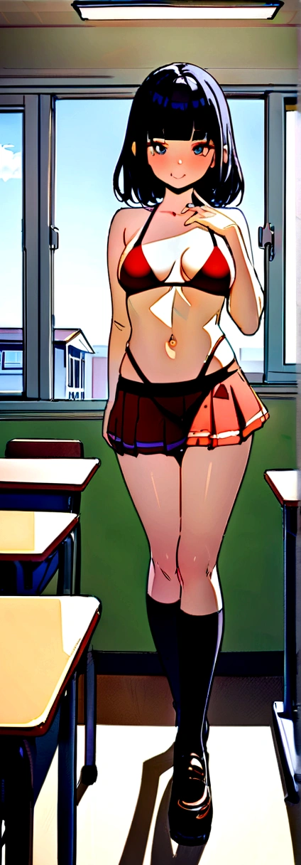 (Best quality, 8k, masterpiece: 1.3), a Pretty Girl with perfect figure:1.4, (teens), (sexy tight bikini,tiny skirt school knee-high socks), (black hair medium breasts), (blunt bangs:1.2),  (high school, classroom), highly detailed face and skin, detailed eyes, double eyelids, smile