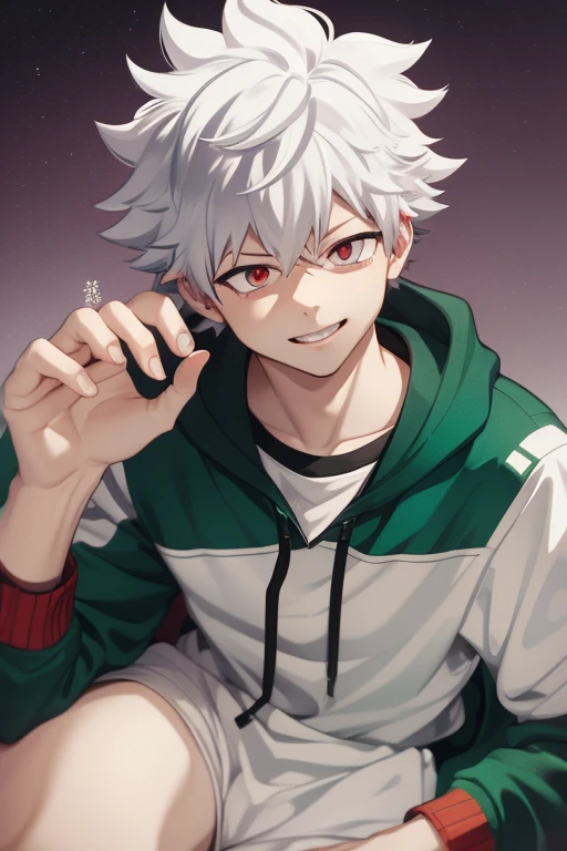 Izuku Midoriya from My Hero Academia red eyes and white hair, pale skin. Looking directly at the viewer