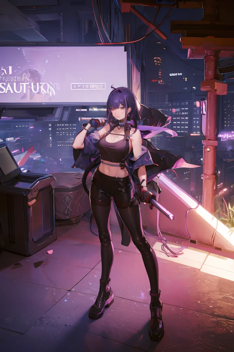 Anime girl with very long dark purple hair and a flower hair accessory wearing black short jeans with latex socks and a sport shoes wearing a cut shirt with no sleeves and half cut from below showing her belly with a black vest with short latex gloves purple glowing eyes holding a very long katana and in her other hand a very tall scabbard as she's surrendered with purple aura while giving a calm look on her face background city at night in Jujutsu Kaisen style while approaching a weird creature 