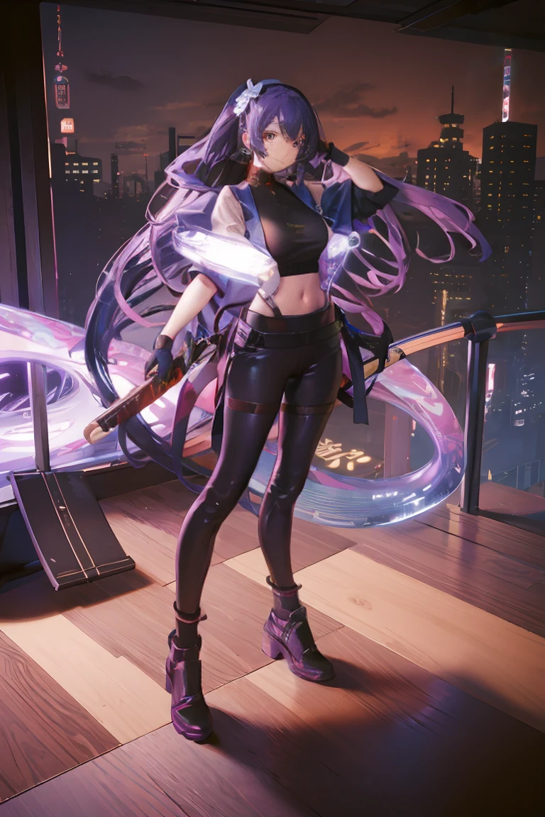 Anime girl with very long dark purple hair and a flower hair accessory wearing black short jeans with latex socks and a sport shoes wearing a cut shirt with no sleeves and half cut from below showing her belly with a black vest with short latex gloves purple glowing eyes holding a very long katana and in her other hand a very tall scabbard as she's surrendered with purple aura while giving a calm look on her face background city at night in Jujutsu Kaisen style while approaching a weird creature