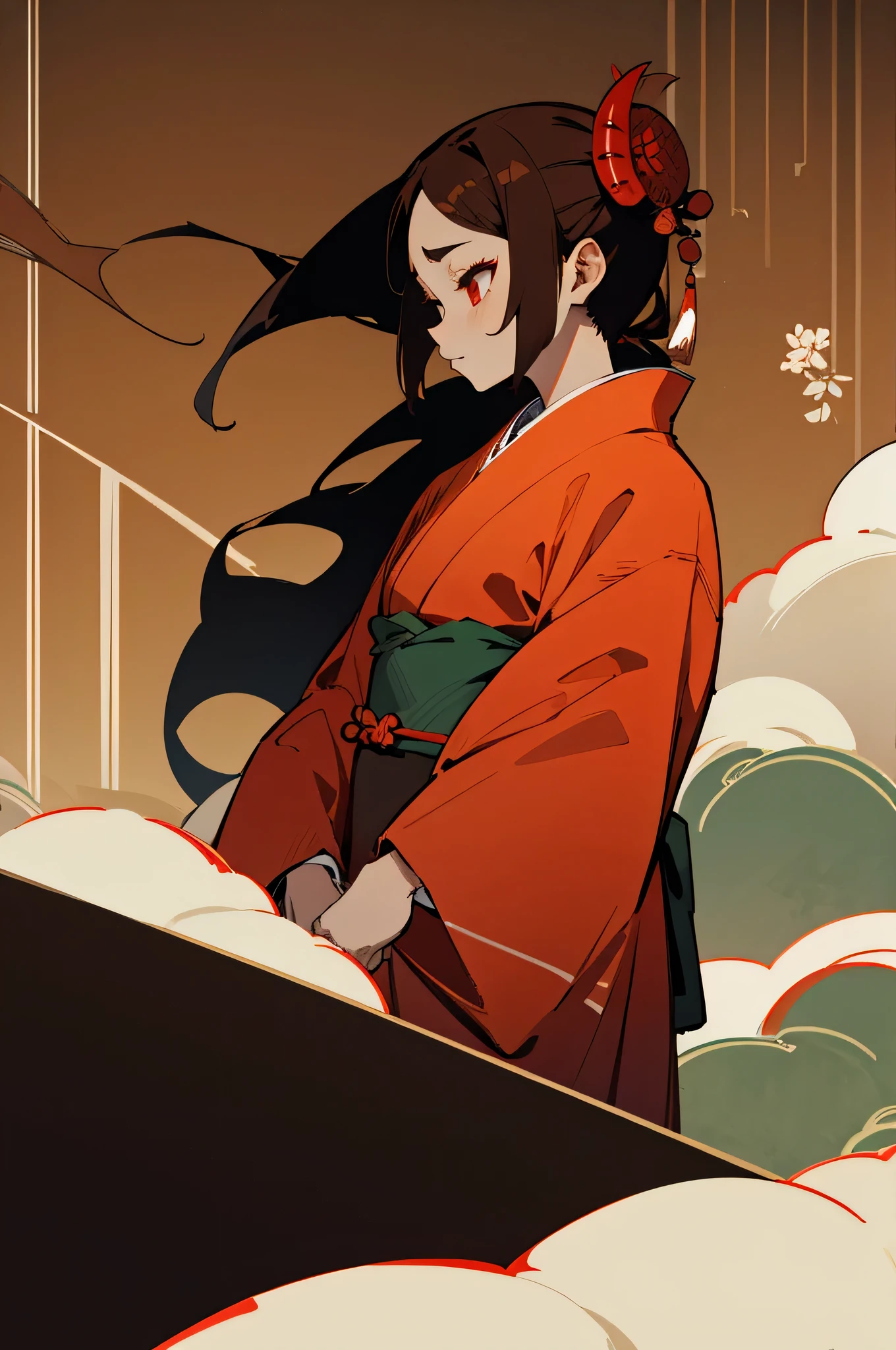 Kimono, Female, Edo Period, Japanese Background, Demon, demon skin color, Brown Hair