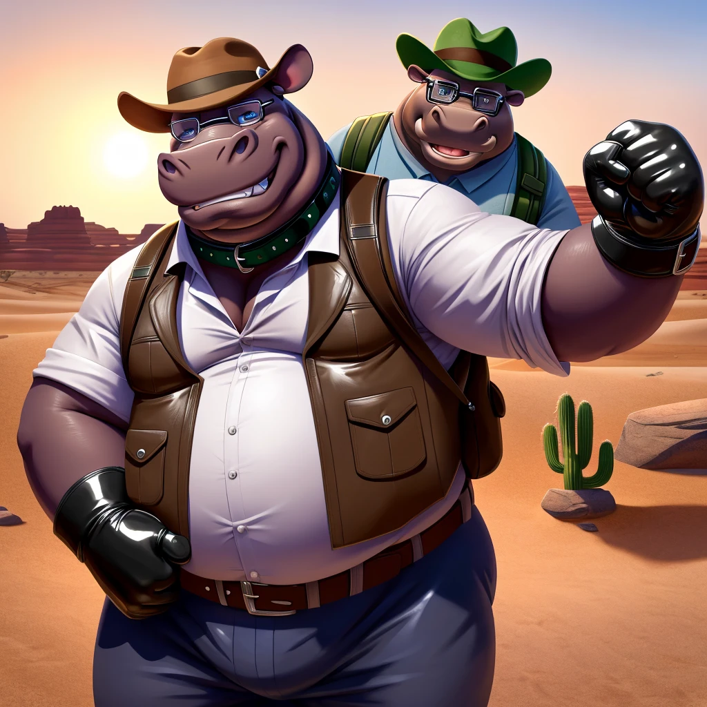 Male, fat, elderly, extremely obese, Hippopotamus, blue eyes, (posing:1.3), (soft shading), 4k, hi res, ((detailed face, detailed)), looking at viewer, evil grin, desert, cactus, shirt, hat, male focus, Explorer Outfit, glasses, pants, bag, vest, backpack, sleeves rolled up, round eyewear, brown headwear, brown vest, Hippopotamus is wearing a glossy leather dog collar around the neck, Hippopotamus is wearing the leather collar and shirt and vest at the same time, Hippopotamus is wearing glossy white rubber gloves on the hands, gloves are rubber in texture, clenching teeth, clenching fists, leather collar is glossy and shiny with a lot of detail.