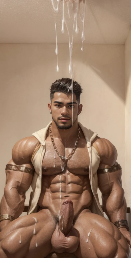 (masterpiece, intricately detailed, highest resolution, best quality:1.2), (doujin), a cocky Latino Instagram influencer, a 24 y.o muscle stud with a muscular physique sitting on a chair with black eyes,dark-skinned male, wearing a ((open jacket, big chains, chavalpha, armbands)), ((excessive cum)) ((cum on body)) (cum drip), flaccid penis,saggy balls,hairy chest,vascular,muscle striations,soft light,fantastic realism,