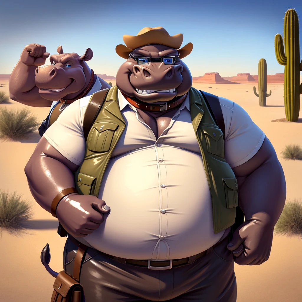 Male, fat, elderly, extremely obese, Hippopotamus, blue eyes, (posing:1.3), (soft shading), 4k, hi res, ((detailed face, detailed)), looking at viewer, evil grin, desert, cactus, shirt, hat, male focus, Explorer Outfit, glasses, pants, bag, vest, backpack, sleeves rolled up, round eyewear, brown headwear, brown vest, Hippopotamus is wearing a glossy leather dog collar around the neck, Hippopotamus is wearing the leather collar and shirt and vest at the same time, Hippopotamus is wearing glossy white rubber gloves on the hands, gloves are rubber in texture, clenching teeth, clenching fists, leather collar is glossy and shiny with a lot of detail.