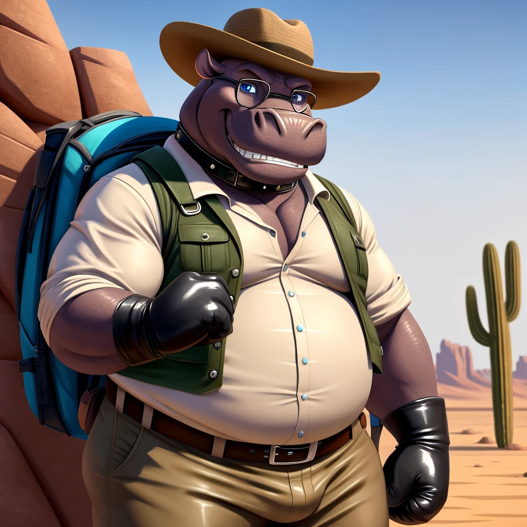 Male, fat, elderly, extremely obese, Hippopotamus, blue eyes, (posing:1.3), (soft shading), 4k, hi res, ((detailed face, detailed)), looking at viewer, evil grin, desert, cactus, shirt, hat, male focus, Explorer Outfit, glasses, pants, bag, vest, backpack, sleeves rolled up, round eyewear, brown headwear, brown vest, Hippopotamus is wearing a glossy leather dog collar around the neck, Hippopotamus is wearing the leather collar and shirt and vest at the same time, Hippopotamus is wearing glossy white rubber gloves on the hands, gloves are rubber in texture, clenching teeth, clenching fists, leather collar is glossy and shiny with a lot of detail.