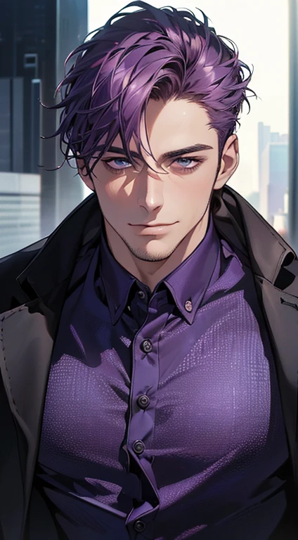 (best quality,4k,8k,highres,masterpiece:1.2),ultra-detailed,(realistic,photorealistic,photo-realistic:1.37),1 man,31 years old,mature man,very handsome,without expression,smile,short purple hair,blue eyes,penetrating gaze,perfect face without errors,imposing posture,businessman,office background,cinematic lighting,hdr image