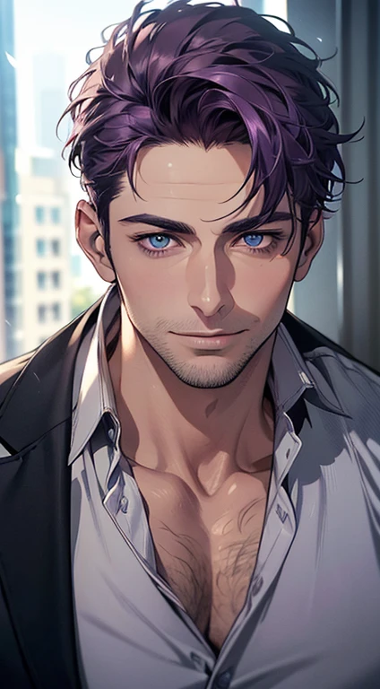 (best quality,4k,8k,highres,masterpiece:1.2),ultra-detailed,(realistic,photorealistic,photo-realistic:1.37),1 man,31 years old,mature man,very handsome,without expression,smile,short purple hair,blue eyes,penetrating gaze,perfect face without errors,imposing posture,businessman,office background,cinematic lighting,hdr image