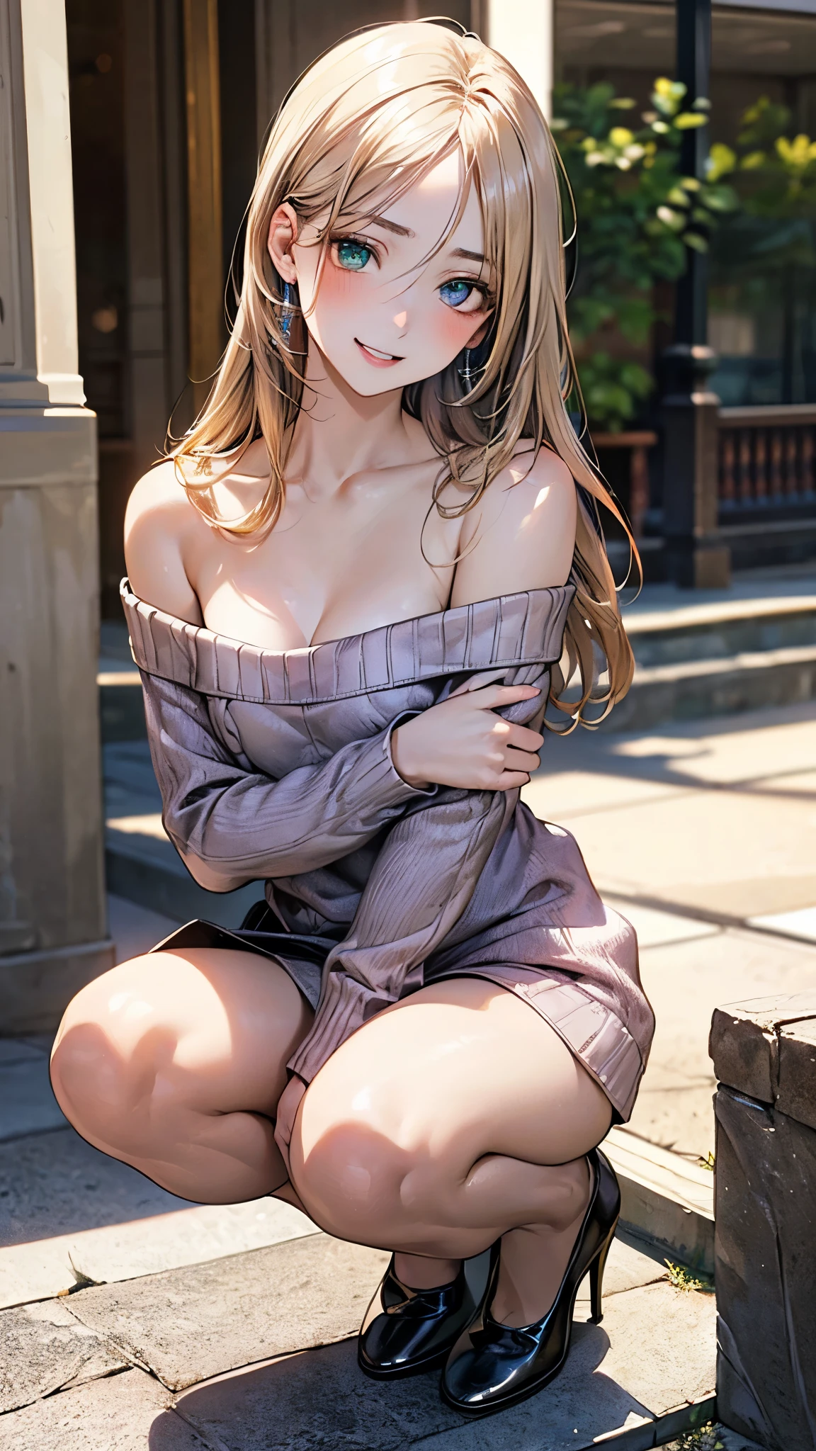 (masterpiece:1.2, top-quality), (realistic, photorealistic:1.4), beautiful illustration, (natural side lighting, movie lighting), nsfw, 
beautiful detailed hair, beautiful detailed face, beautiful detailed eyes, beautiful clavicle, beautiful body, beautiful chest, beautiful thigh, beautiful legs, beautiful hands, 
looking at viewer, 1 girl, japanese, high school girl, (perfect anatomy, anatomically correct, super detailed skin), cute and symmetrical face, perfect face, perfect eyes, shiny skin, 
(long hair, straight hair, ash blonde hair), swept bangs, emerald greeneyes, slant eyes, big eyes, long eye lasher, (medium breasts), (small ass, thin thighs), slender, outstanding style, 
(detailed cloth texture, light violet long sleeve off-shoulder sweater dress, black tanktop), high heel, 
(beautiful scenery), summer, morning, (shopping mall), squatting、crouching, (seductive smile, upper eyes, parted lips),