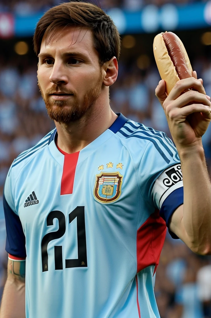 Messi with an Argentina shirt and a hot dog in his hand