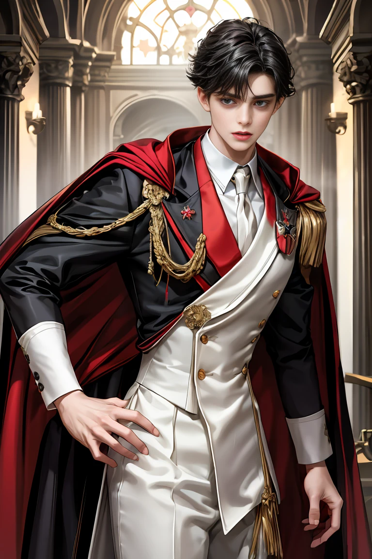 masterpiece, 最high quality, high quality, 1 boy, alone, Male focus, Watching the audience, Messy black hair, Adorable big blue eyes, White people, Noble, Noble,Sexy voluminous black and red cape、Tuxedo、A very voluminous, large, very large, very large, long, long red and black cape with a high stand-up collar, reaching down to the floor, made of a lot of fabric., 17 years old,Cute beautiful boys,Cute, cute, kind, handsome guy