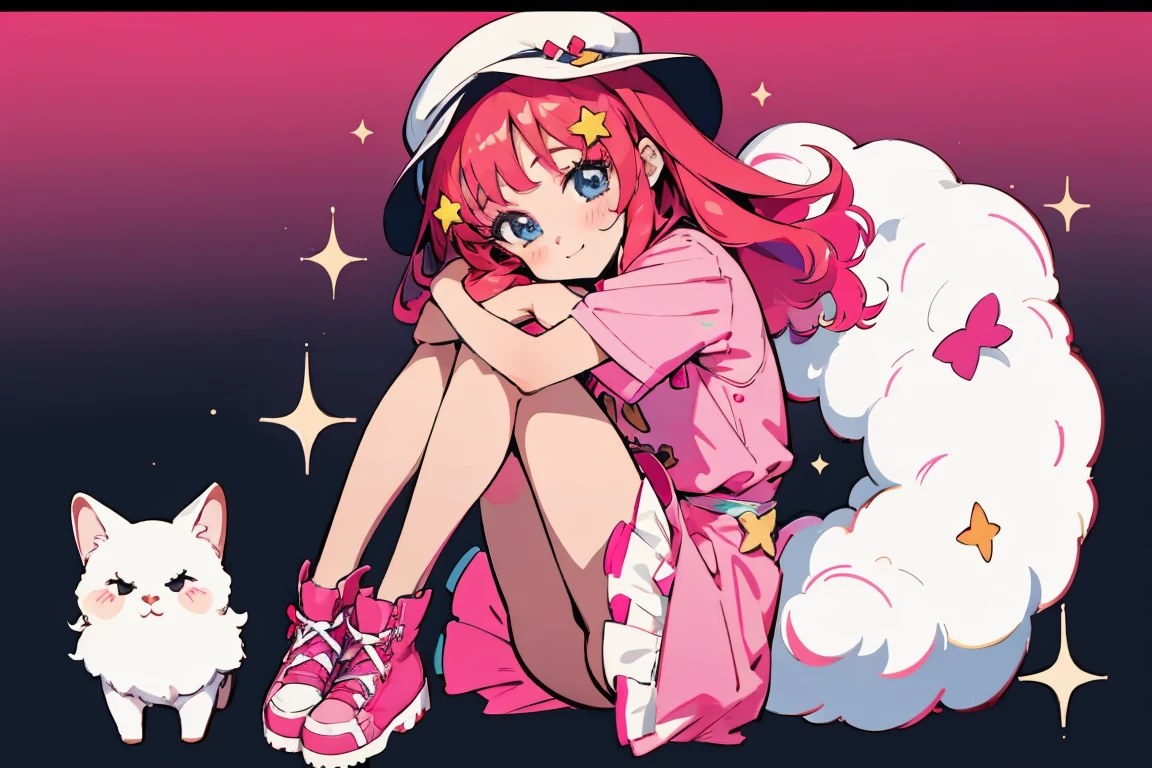 ((best quality)), ((masterpiece)), (detailed), perfect face, 1girl, nakano itsuki, smiling, whimsical, triad color pallette, hugging knees, looking at viewer, pink water droplets, smiling, flat colouring, full body, blank space on the left, fluffy red hair, star hairclips