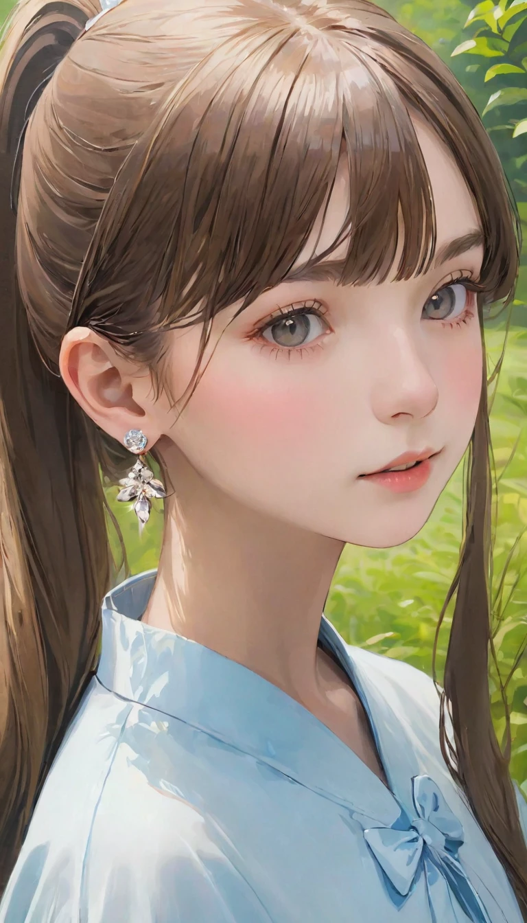 Detailed face, Cute face, masterpiece , Highest quality , woman , 14 years old , bangs , Expressionless , Japanese, Outdoor, Shiny, Brown Hair, Silky, ponytail, Side Lock, beautiful shiny bangs、Gray Eyes, A very beautiful light eye highlighter,  Earrings
