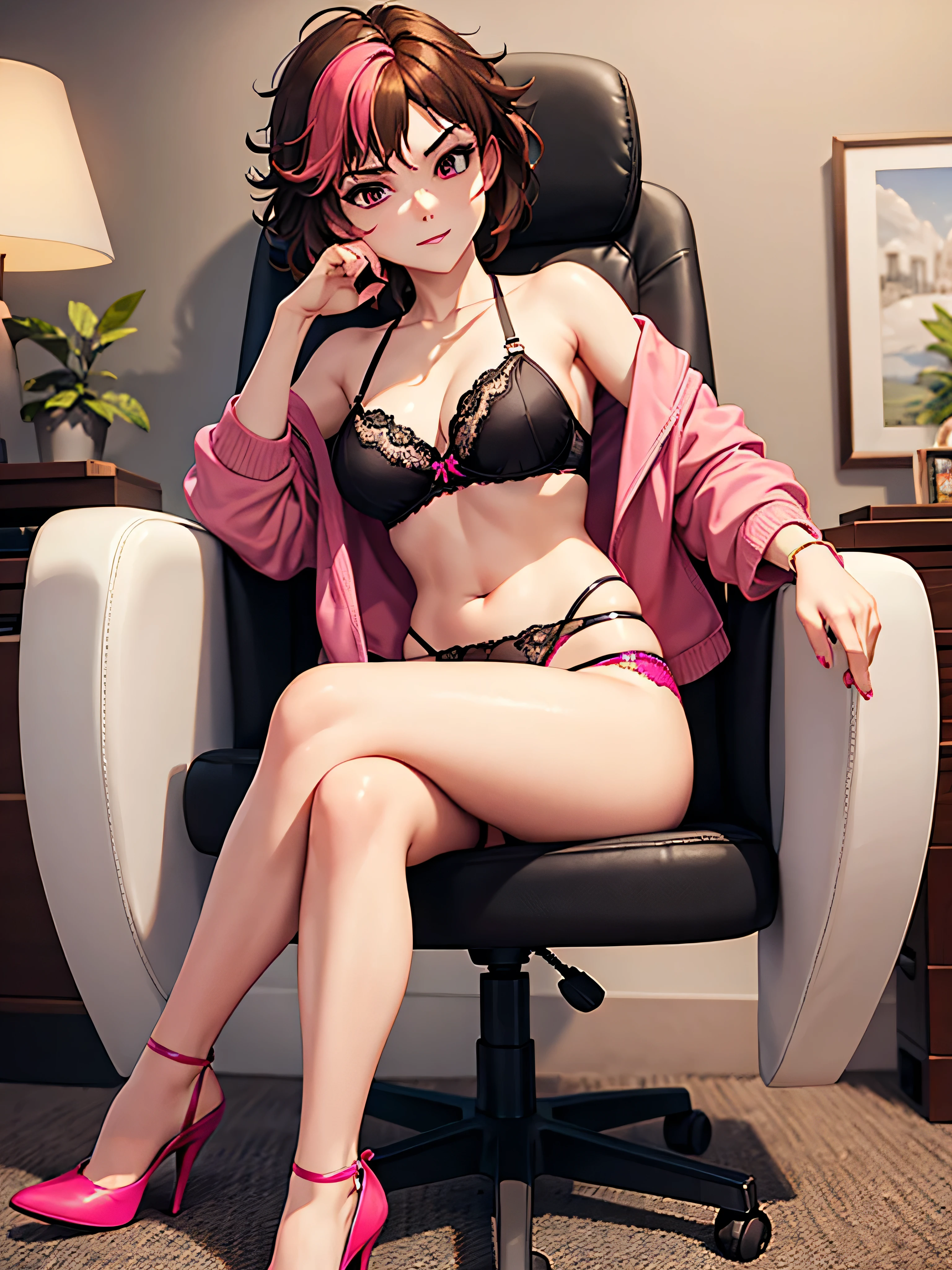 merula, sitting on a chair, gaming chair, sexy pose, sitting pose, pink high heels, sexy black bra, sexy pink panties, open legs