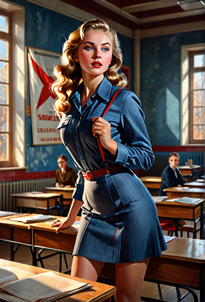 a girl in a soviet propaganda poster, having sex in a classroom, blue eyes, seductive look, riding a man, moaning, full body, slim face, (best quality,4k,8k,highres,masterpiece:1.2),ultra-detailed,(realistic,photorealistic,photo-realistic:1.37),hdr,uhd,studio lighting,ultra-fine painting,sharp focus,physically-based rendering,extreme detail description,professional,vivid colors,bokeh,interior,dark academia,dramatic lighting