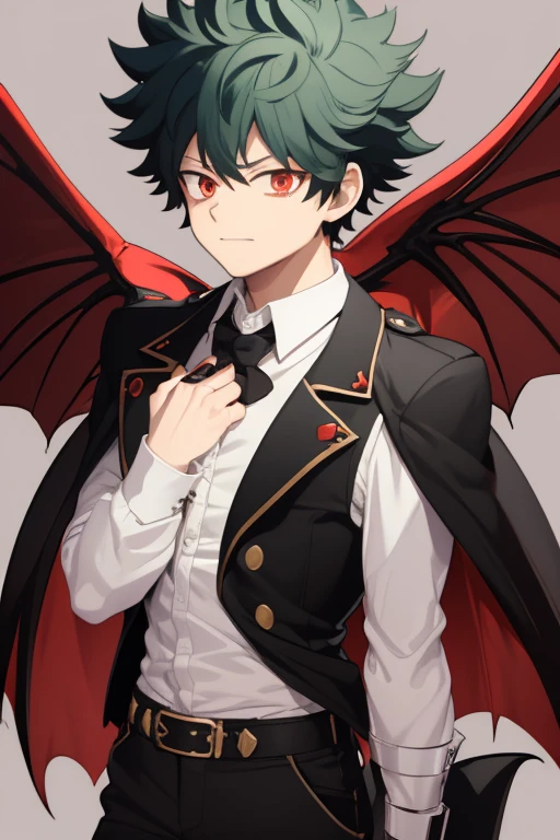 Izuku Midoriya from My Hero Academia, Vampire, incubus, red eyes and white hair, bat wings, black clothes, black steampunk pants, red shirt, black vest, pale skin. Looking straight at the viewer
