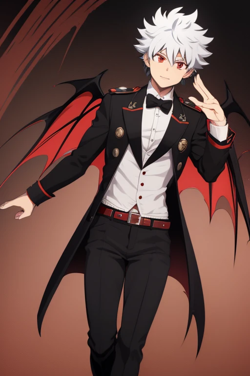 Izuku Midoriya from My Hero Academia, Vampire, incubus, red eyes and white hair, bat wings, black clothes, black steampunk pants, red shirt, black vest, pale skin. Looking straight at the viewer