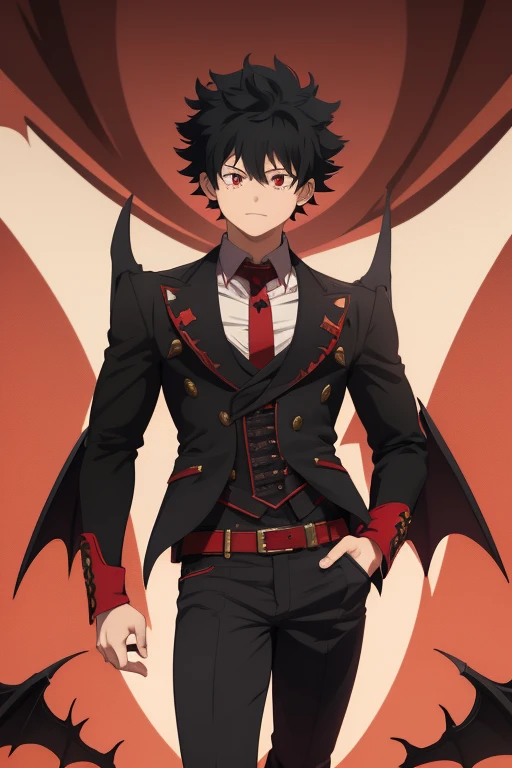 Izuku Midoriya from My Hero Academia, Vampire, incubus, red eyes and white hair, bat wings, black clothes, black steampunk pants, red shirt, black vest, pale skin. Looking straight at the viewer