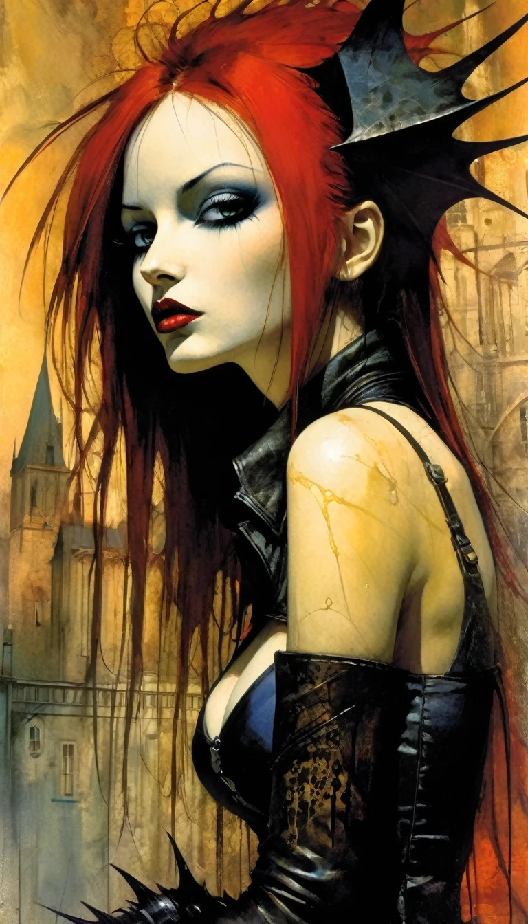 a sexy girl with a punk-gothic appearance and long hair, in the streets of the city of vampires:1.5 (art inspired by Bill Sienkiewicz, oil painting) (best quality,4k,8k,highres,masterpiece:1.2),ultra-detailed,(realistic,photorealistic,photo-realistic:1.37),intricate details,vivid colors,sharp focus,professional,Dave McKean artwork, oil touch of surrealism,oil painting style
