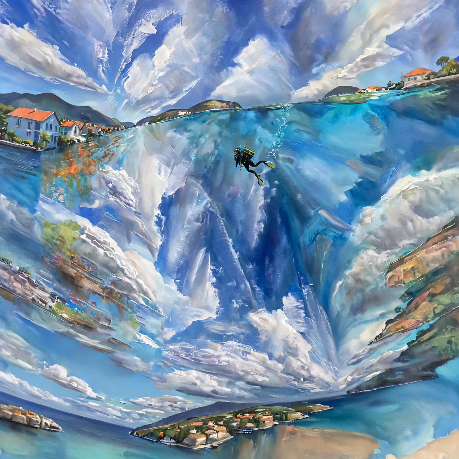 hand painted painting divided in half sky above blue full of beautiful clouds, horizon with hills, houses, tourist coastal town and in the water underwater divers exploring the underwater depths