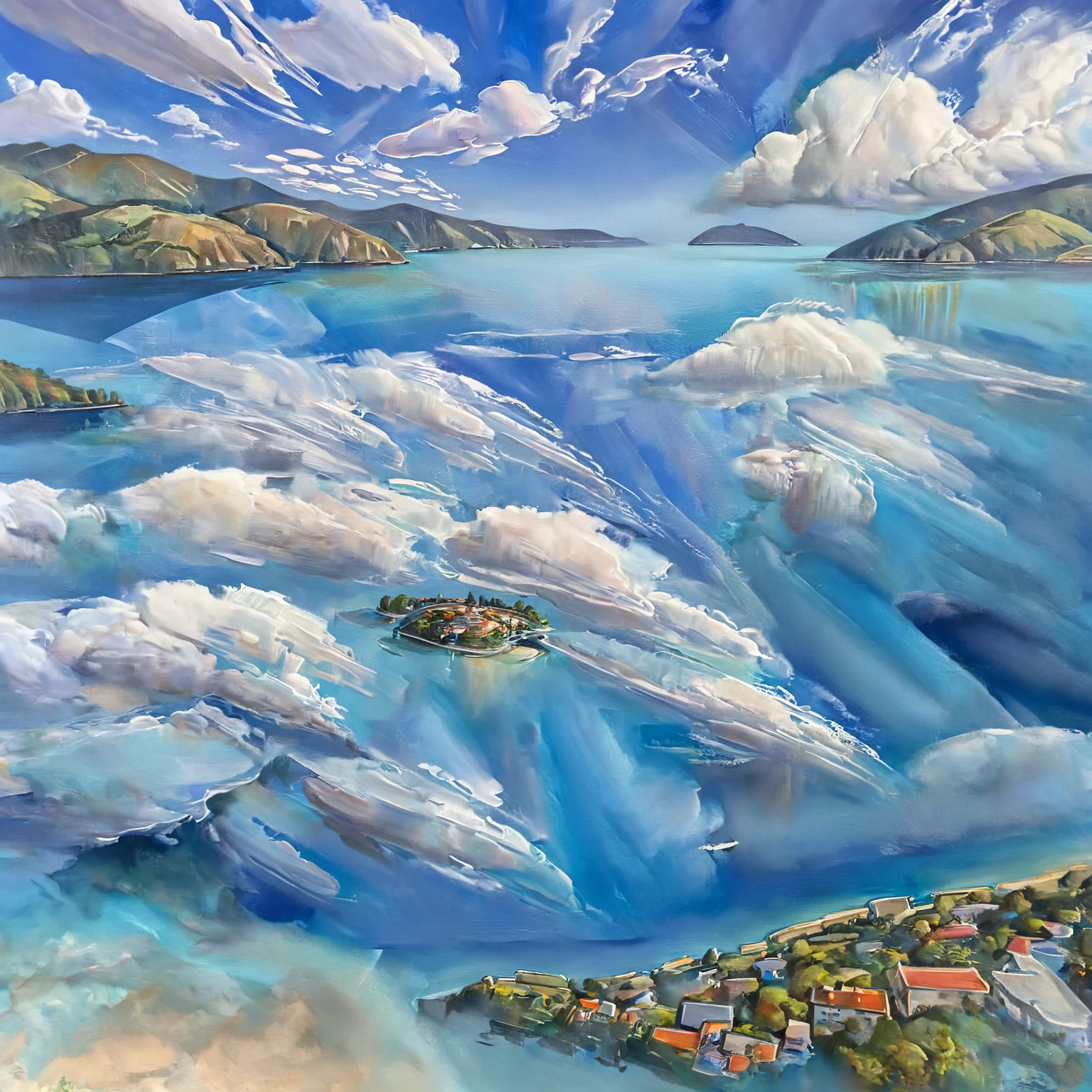 hand painted painting divided in half sky above blue full of beautiful clouds, horizon with hills, houses, tourist coastal town and in the water underwater divers exploring the underwater depths 