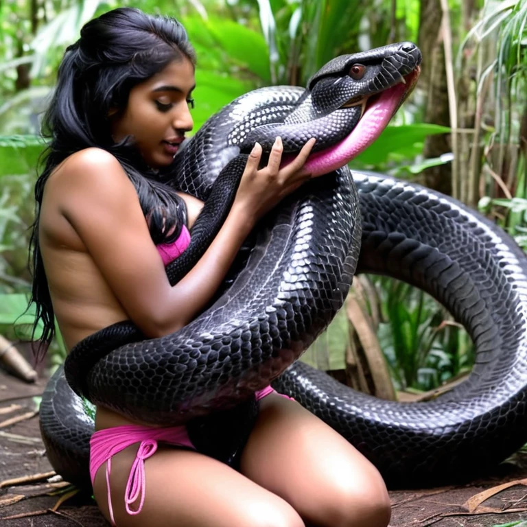  Topless  pink thong wearing aroused horny beautiful happy indian  teen girl  vs  Giant black anaconda    monster wrapped around her body squeezing her in coiled embrace cuddling and kissing  sexual erotic bestiality  sex  realistic in the rainforest full body, best quality wet 