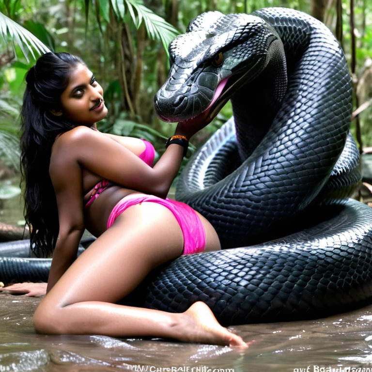  Topless  pink thong wearing aroused horny beautiful happy indian   girl  vs  Giant black anaconda    monster wrapped around her body squeezing her in coiled embrace cuddling and kissing  sexual erotic bestiality  sex  realistic in the rainforest full body, best quality wet 