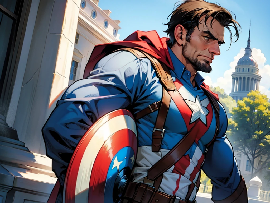 Abraham Lincoln defending the White House, dressed as Captain America, without the shield, a sunny day, superhero comic style