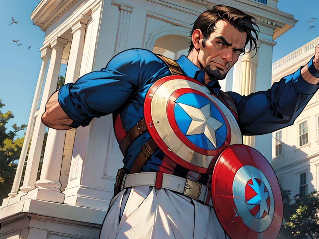 Abraham Lincoln defending the White House, dressed as Captain America, without the shield, a sunny day, superhero comic style