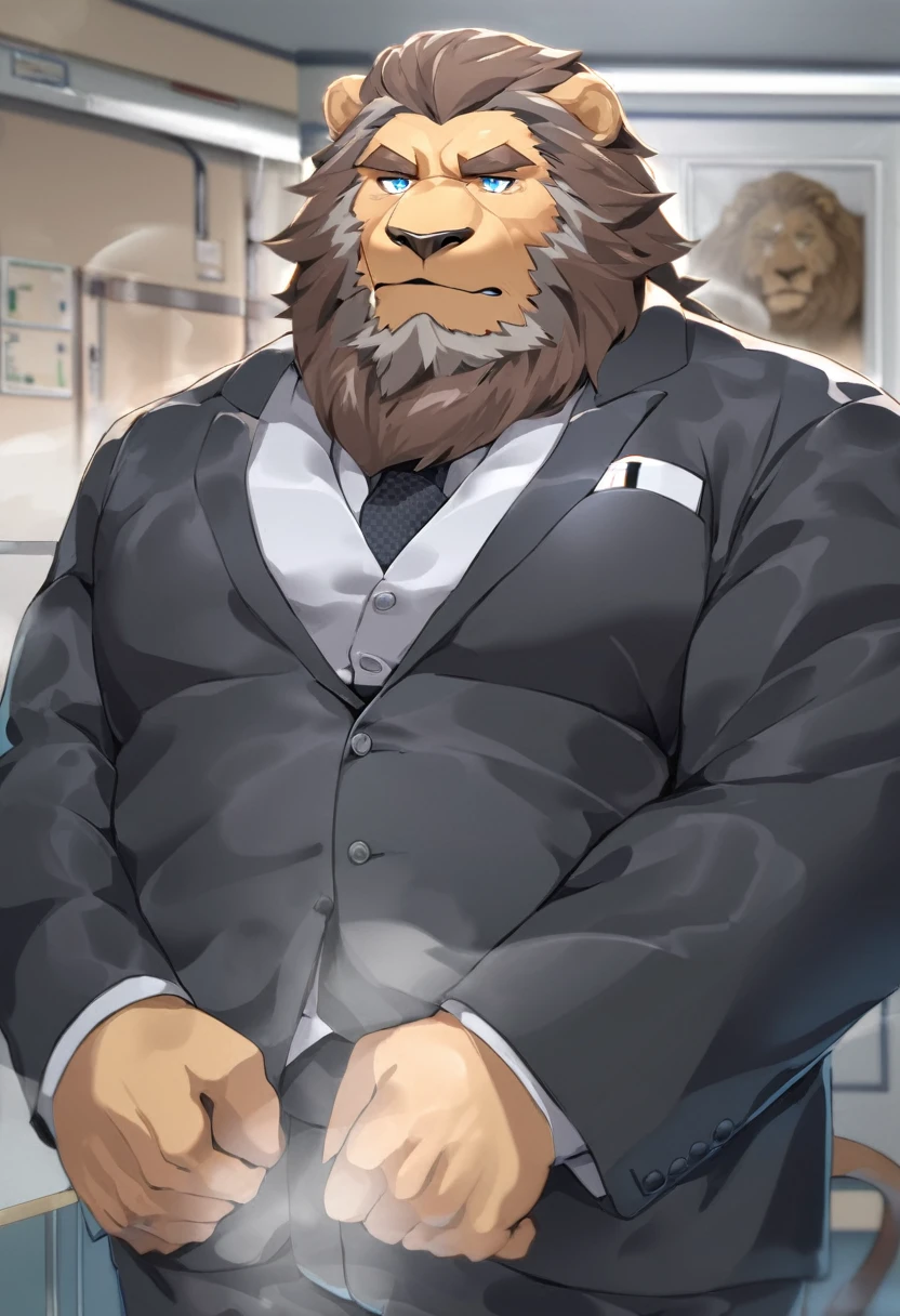 lion，personification，Mature male，Strong Man，Beard，Cold expression，Blue pupils，Brown eyebrows，Black suit suit，The Age of Steam，Hospital Office。